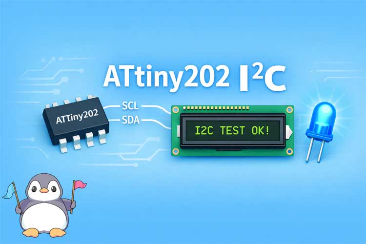 薄いブルー背景にATtiny202マイコンとI2C接続されたLCDモジュール、LEDが配置されたI2C解説用アイキャッチ画像