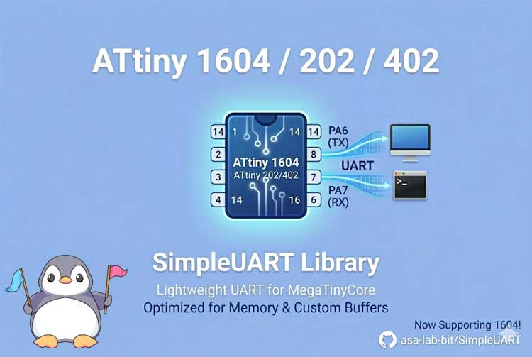 ATtiny 1604 / 202 / 402マイコンに対応した、超軽量UARTライブラリ「SimpleUART」の紹介。中央の14ピンATtiny1604チップから、PA6(TX)とPA7(RX)ピンを通じてパソコンとシリアル通信を行う様子を描いたイラスト。下部にはライブラリ名とGitHubのURL「asa-lab-bit/SimpleUART」が記載されております